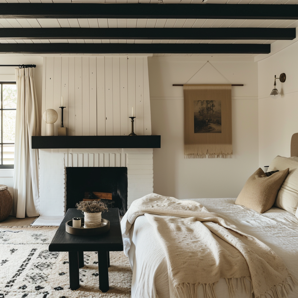 Chic farmhouse bedroom with a sleek design and minimalist decor