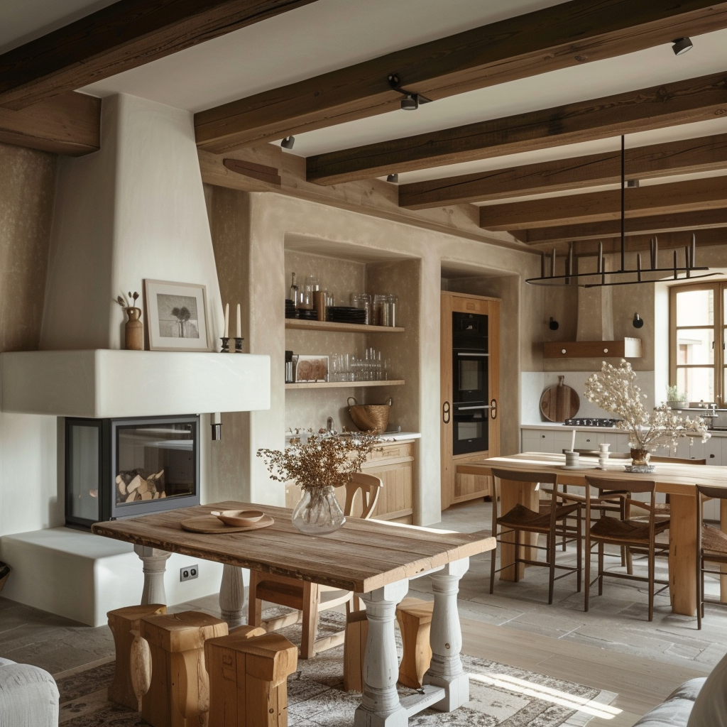 Chic farmhouse dining room with modern furniture pieces and farmhouse sink