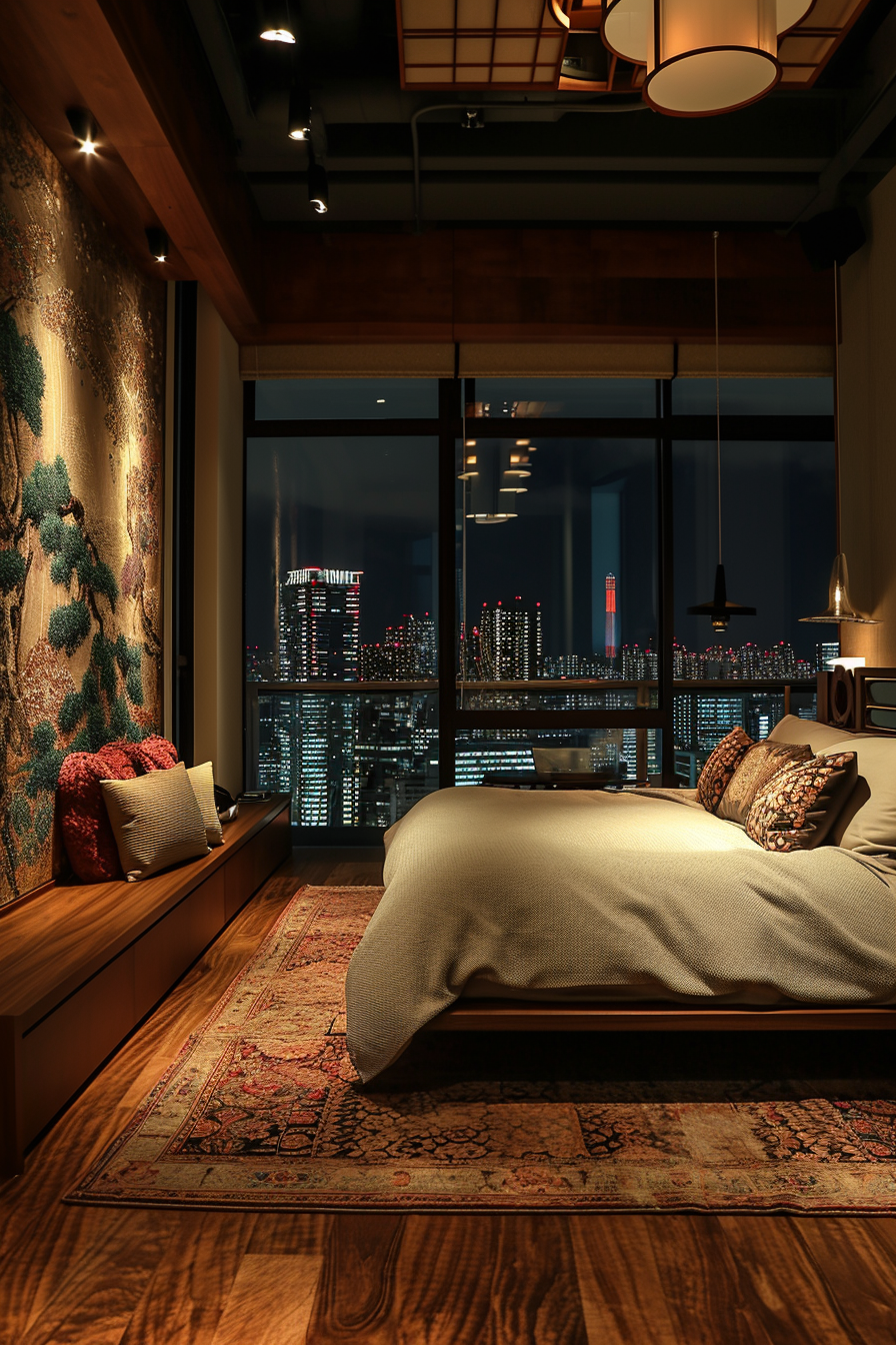 Chic minimalist Japanese bedroom design with a monochrome scheme.