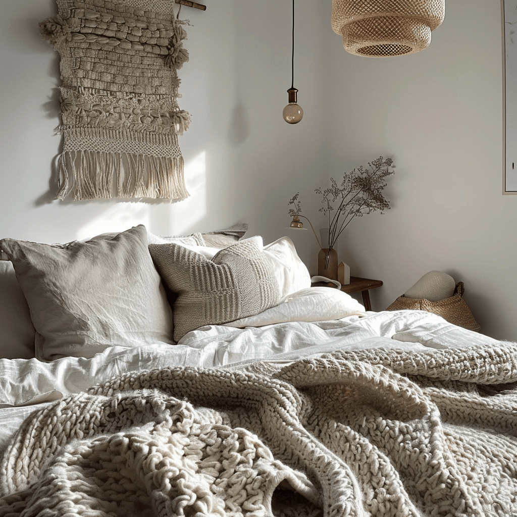 Chunky knit throw, woven wall hanging, and geometric duvet cover add depth and interest to this cozy Scandinavian bedroom