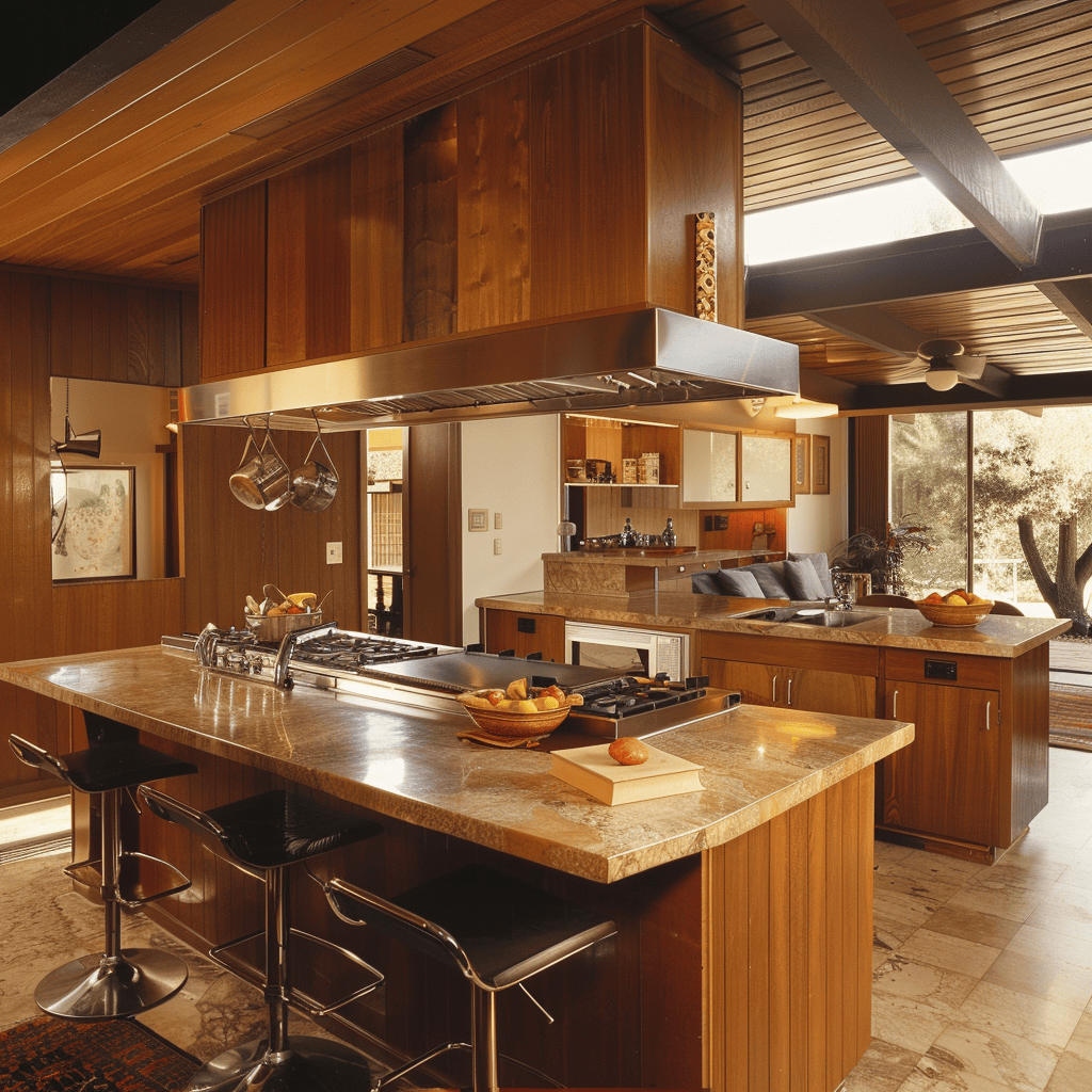 Classic 70s kitchen with linoleum flooring in bright patterns