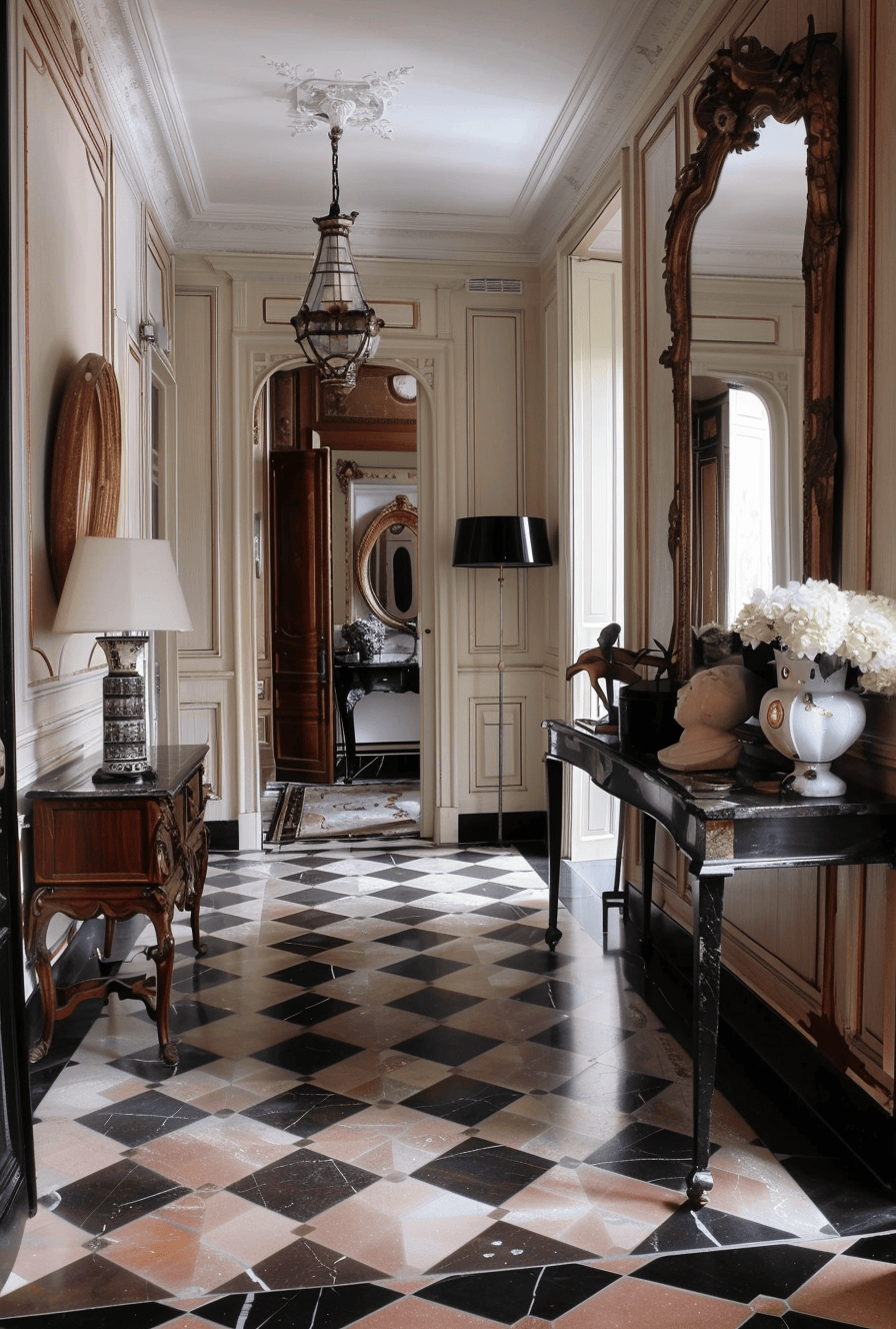 Classic Art Deco hallway with sunburst mirror and contrasting floor tiles