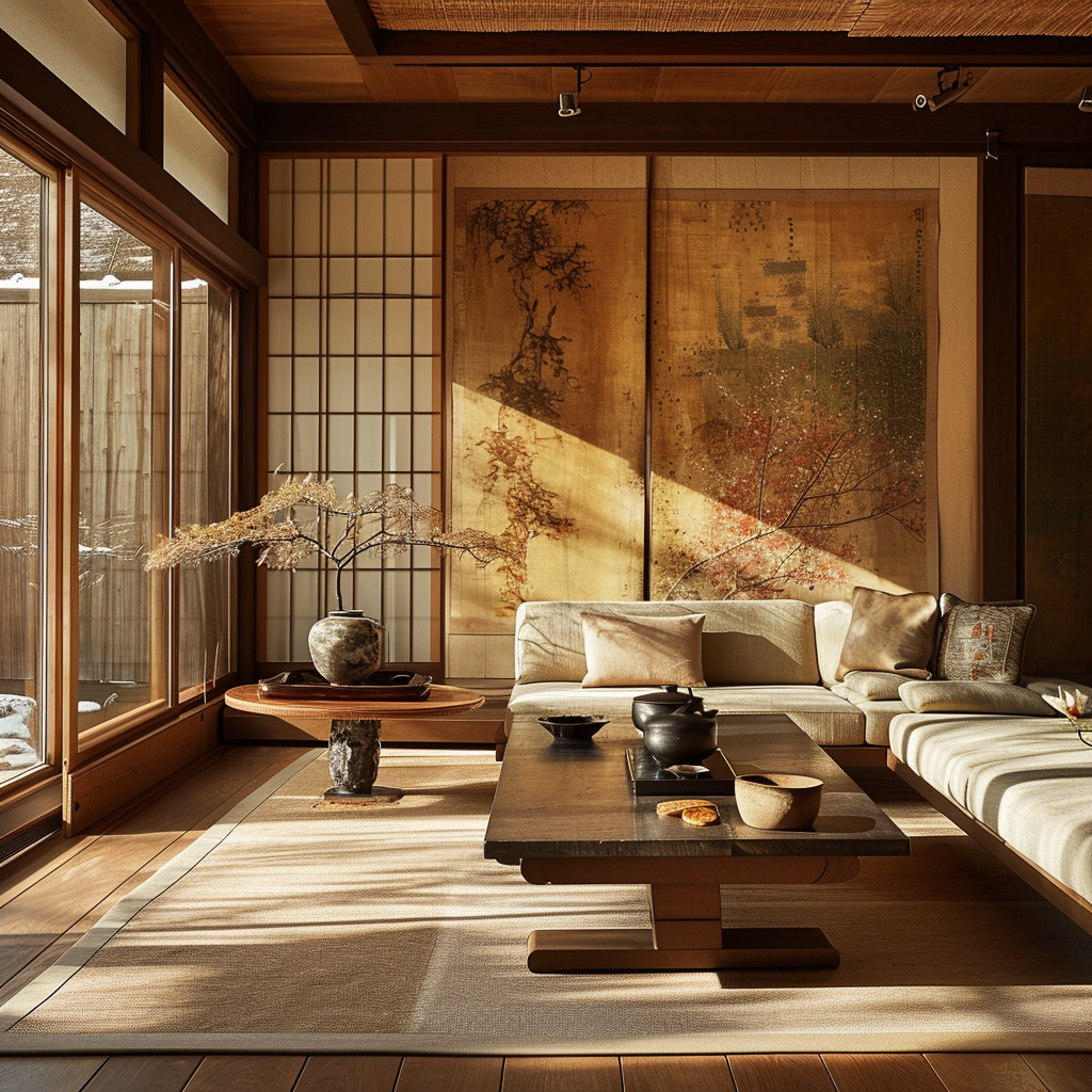 Classic Japanese living room with antique furniture and silk kimono decor.