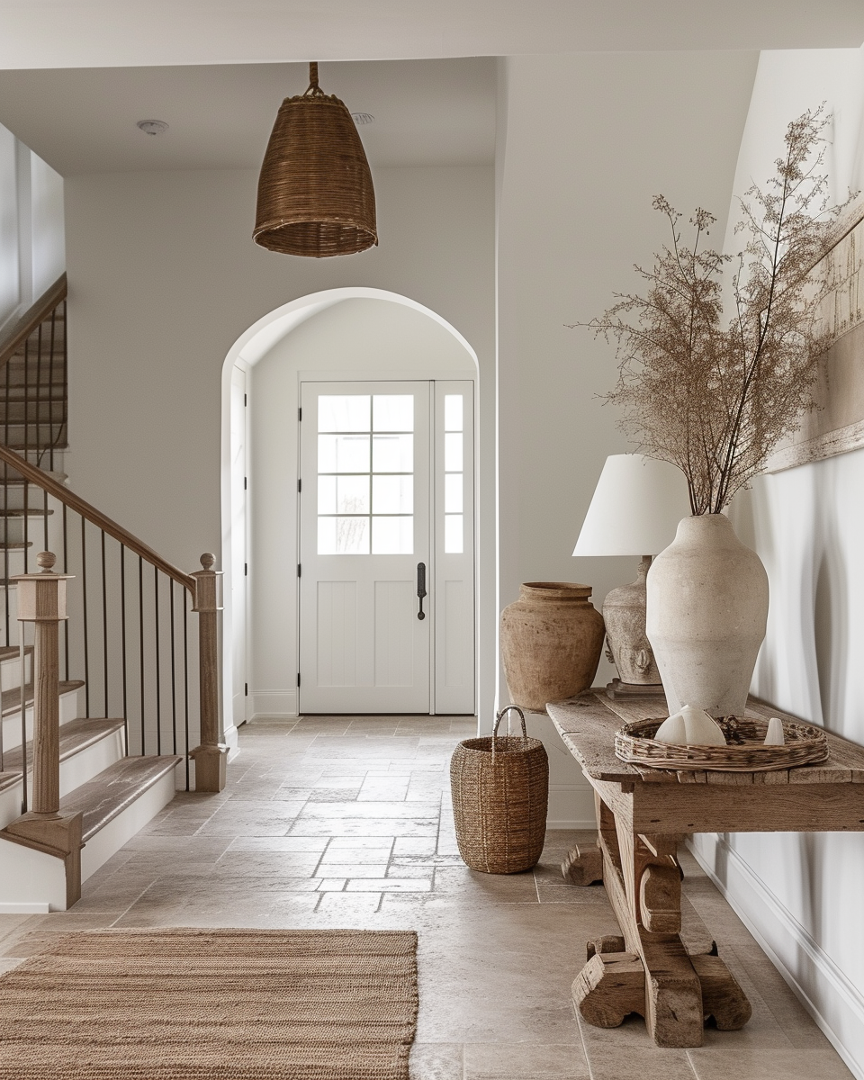 Classic farmhouse hallway with paneled wood doors and traditional hardware
