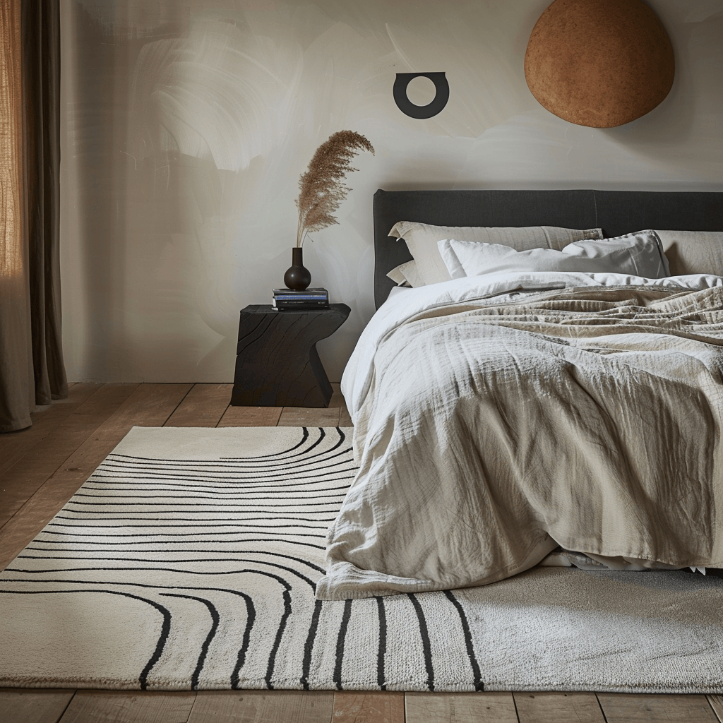 Clean-lined stripes or organic, free-form shapes on a rug adding visual interest to a minimalist Scandinavian bedroom