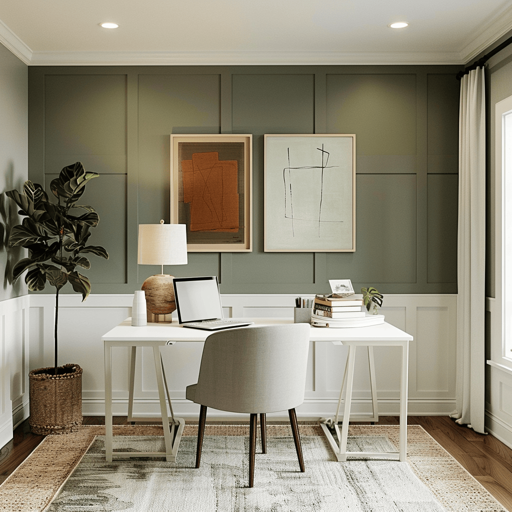 Clean lines, a sleek white desk, a soft muted gray accent wall, and earthy green and terracotta accents in plants and artwork come together to create a modern, countryside-inspired home office