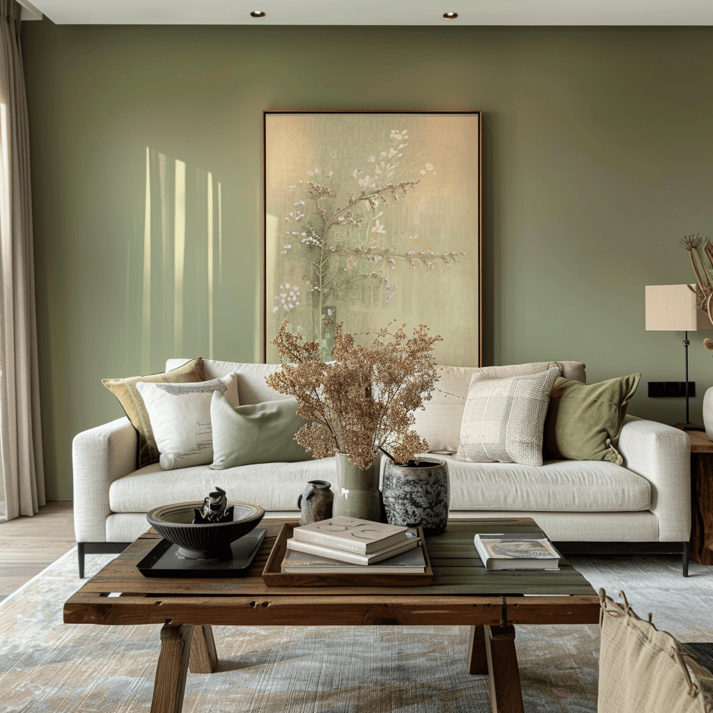 Clean lines and minimalist furniture are complemented by English countryside-inspired elements, including a soft sage green wall, rustic wood table, and bold wildflower colors in this modern living room