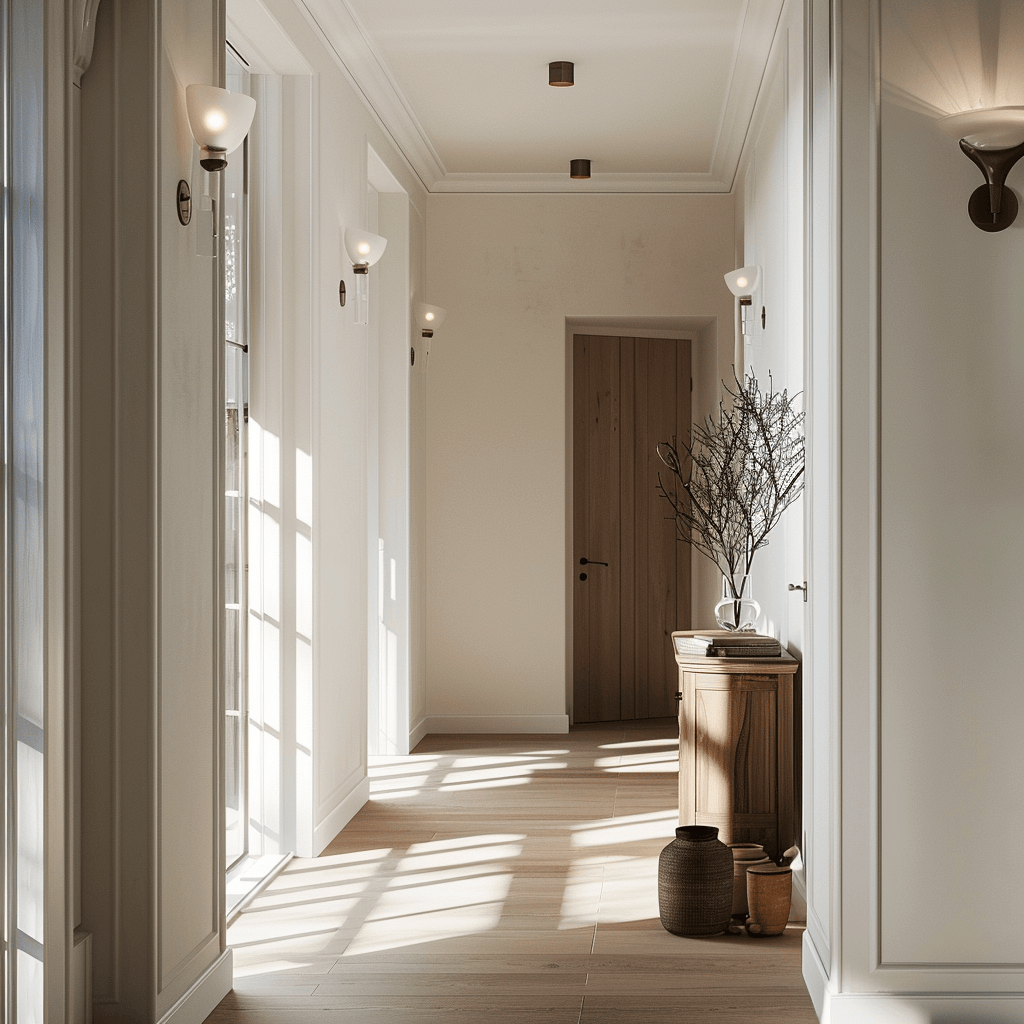 Clean lines and simple, geometric forms characterize the lighting fixtures in this Scandinavian hallway, contributing to the overall sense
