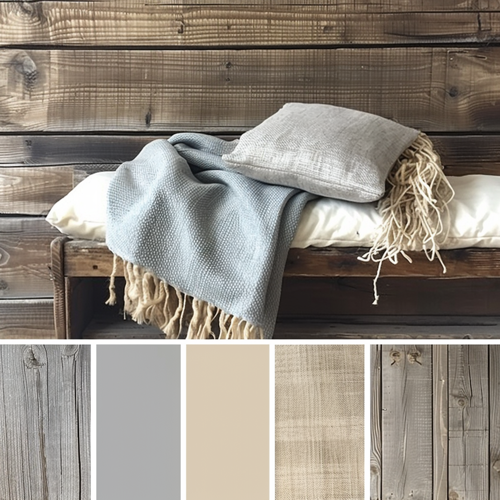 Close-up of a modern farmhouse color palette, highlighting the blend of neutral bases and rich accent hues