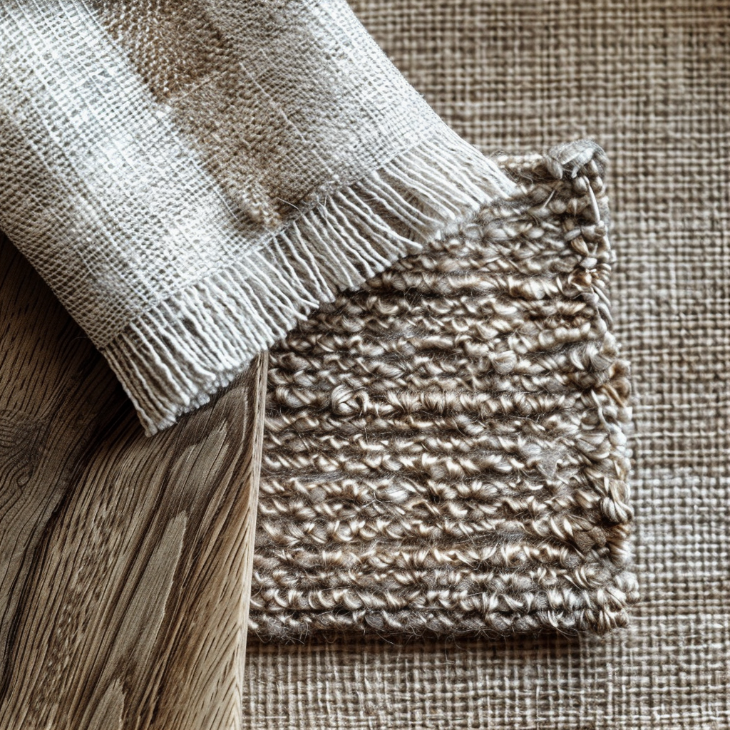 Close-up of linen, wool, and polished natural wood textures in farmhouse decor