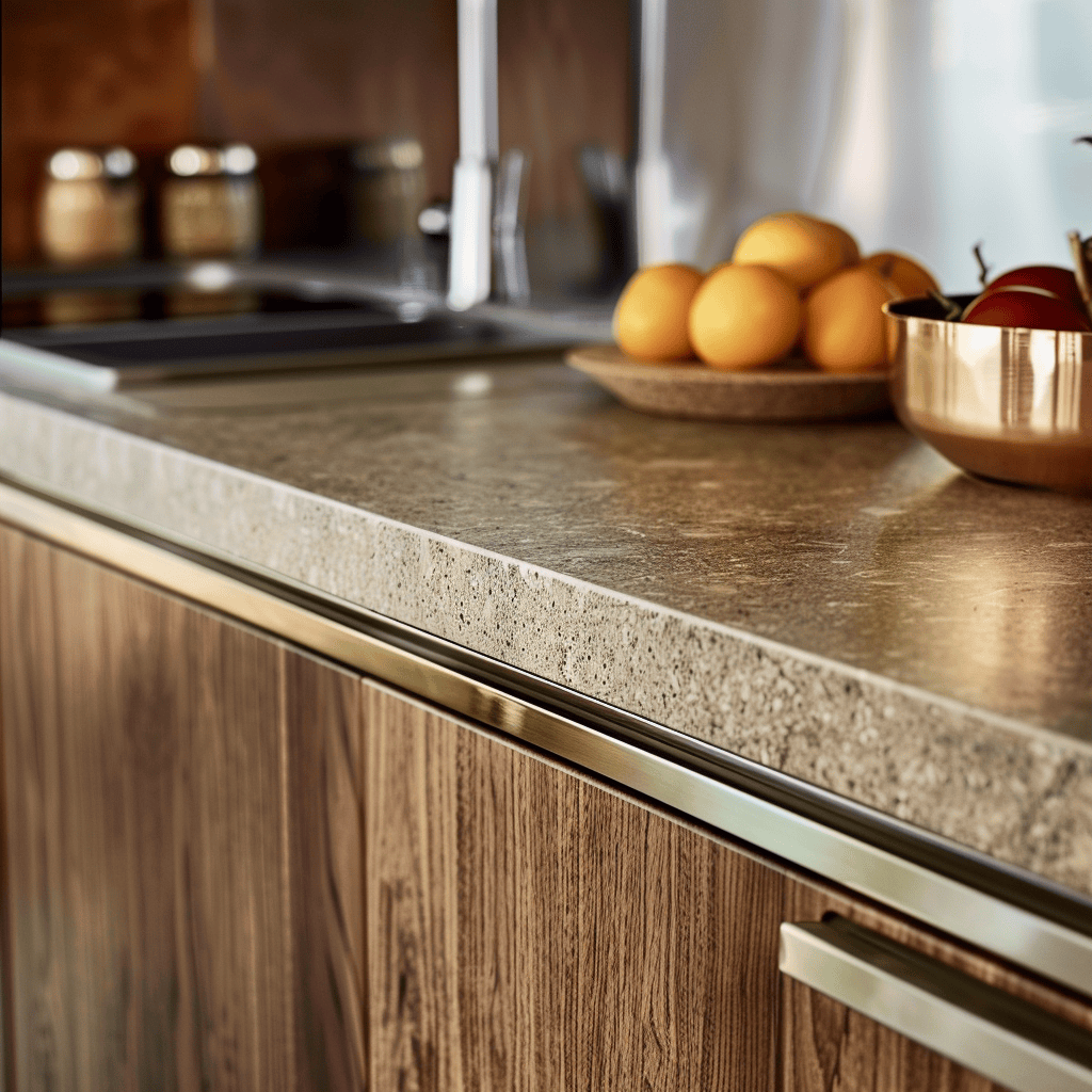 Close-up of mid-century modern kitchen materials warm wood, sleek metal, and smooth laminate creating a rich tactile experience2