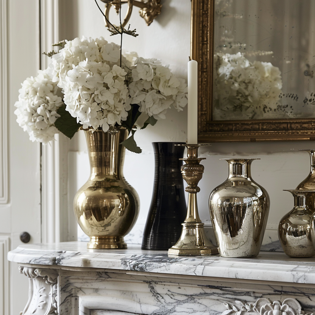 Close up of a coffee table featuring brass decor items and gold framed photos, adding elegance to a Parisian living room