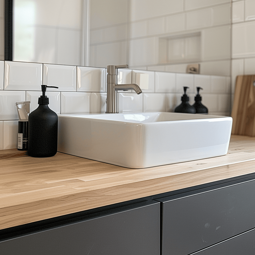 Closeup of Scandinavian bathroom vanity with light wood countertop matte white sink and brushed nickel faucet