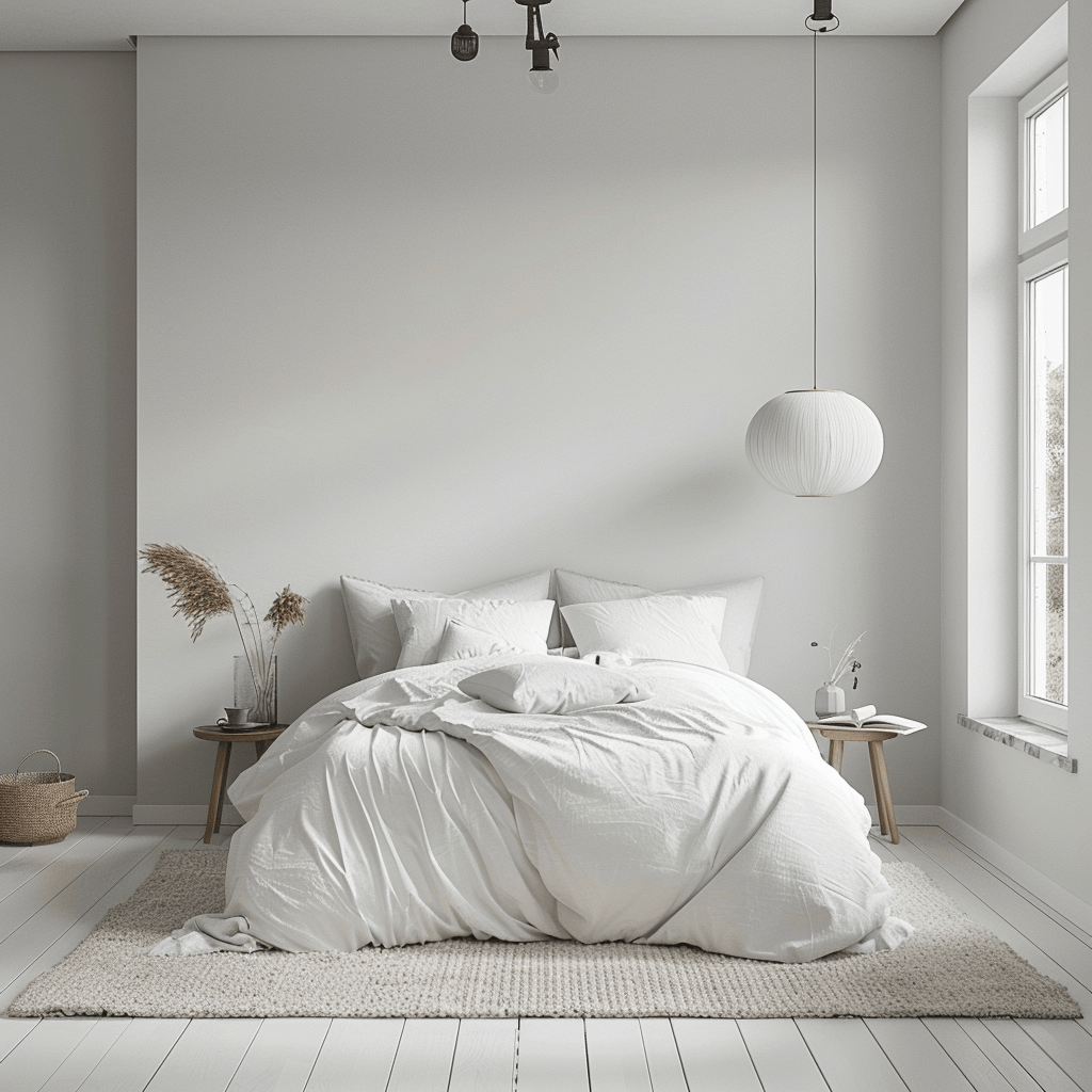 Clutter-free Scandinavian bedroom focusing on carefully selected elements that contribute to a serene atmosphere