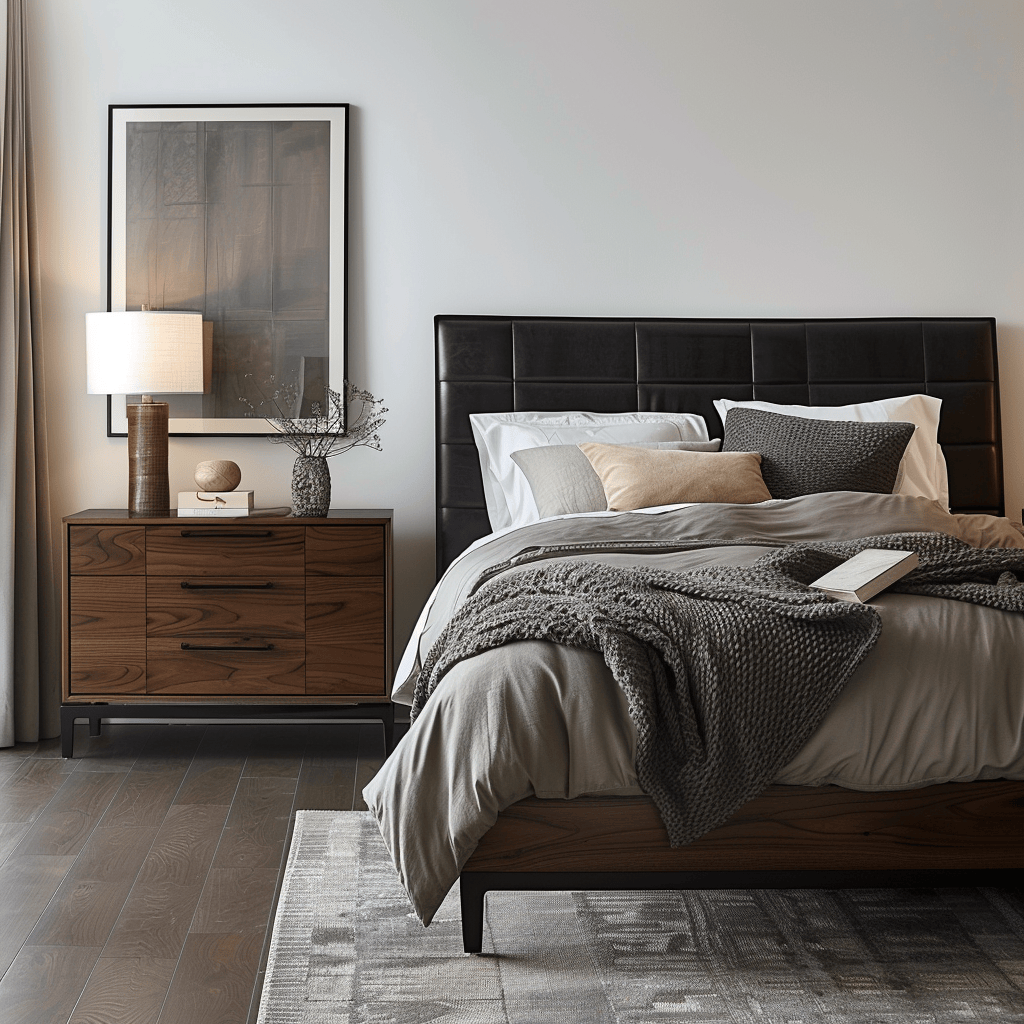 Clutter-free modern bedroom with a focus on incorporating simple and practical dressers and nightstands for a tidy and organized space