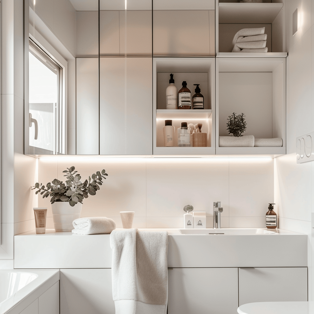 Clutterfree Scandinavian bathroom with hidden cabinets recessed shelving and sleek wallmounted storage