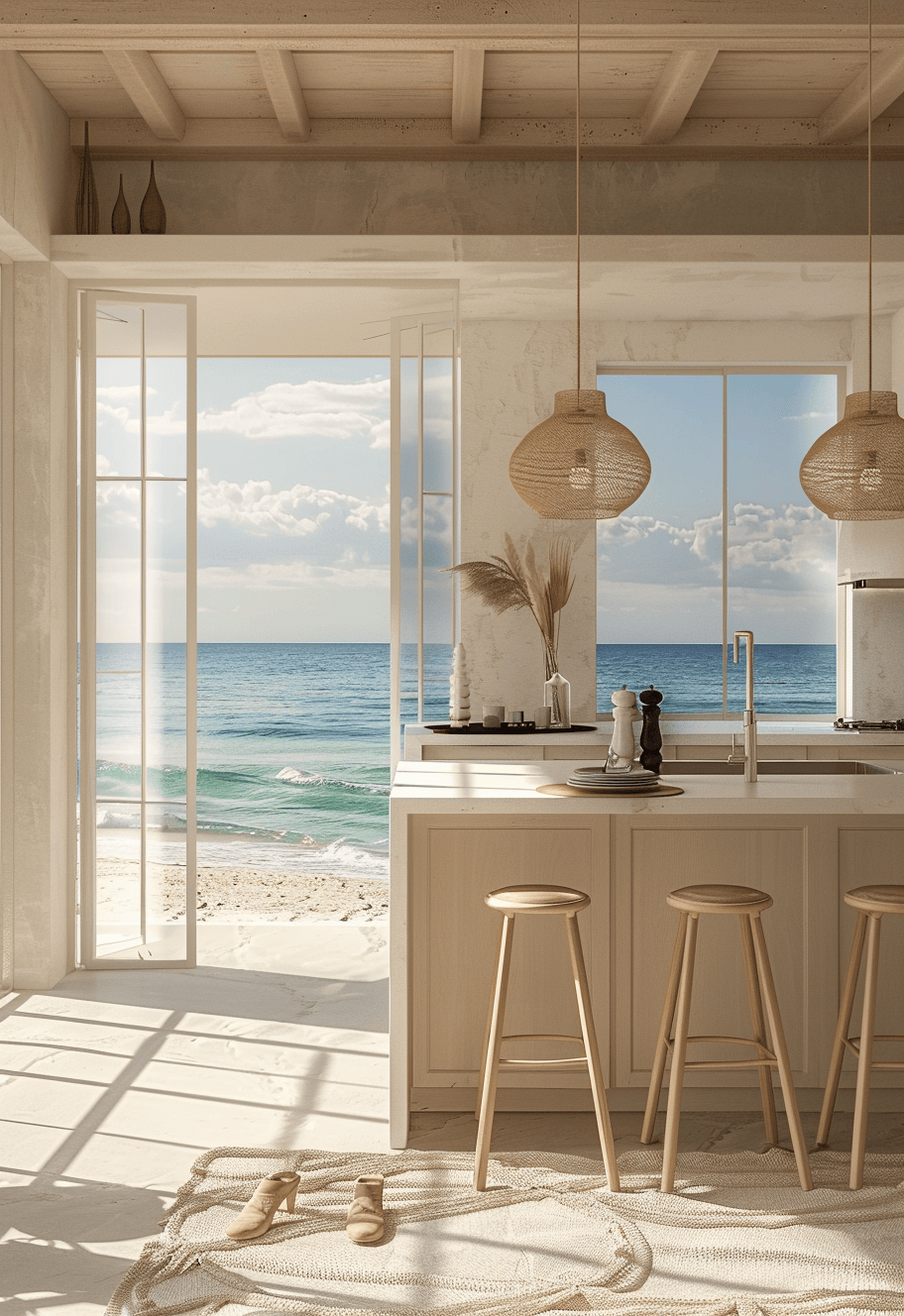 Coastal Kitchen Appliances/ Sleek, stainless steel appliances in a kitchen with coastal decor