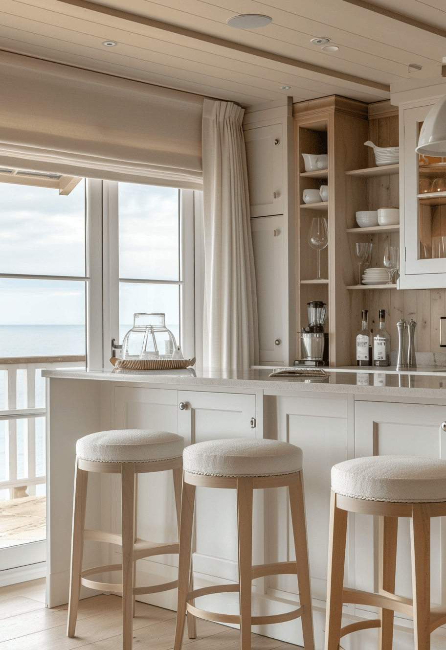 Coastal Kitchen Chairs/ Comfortable wicker chairs around a coastal kitchen table setting