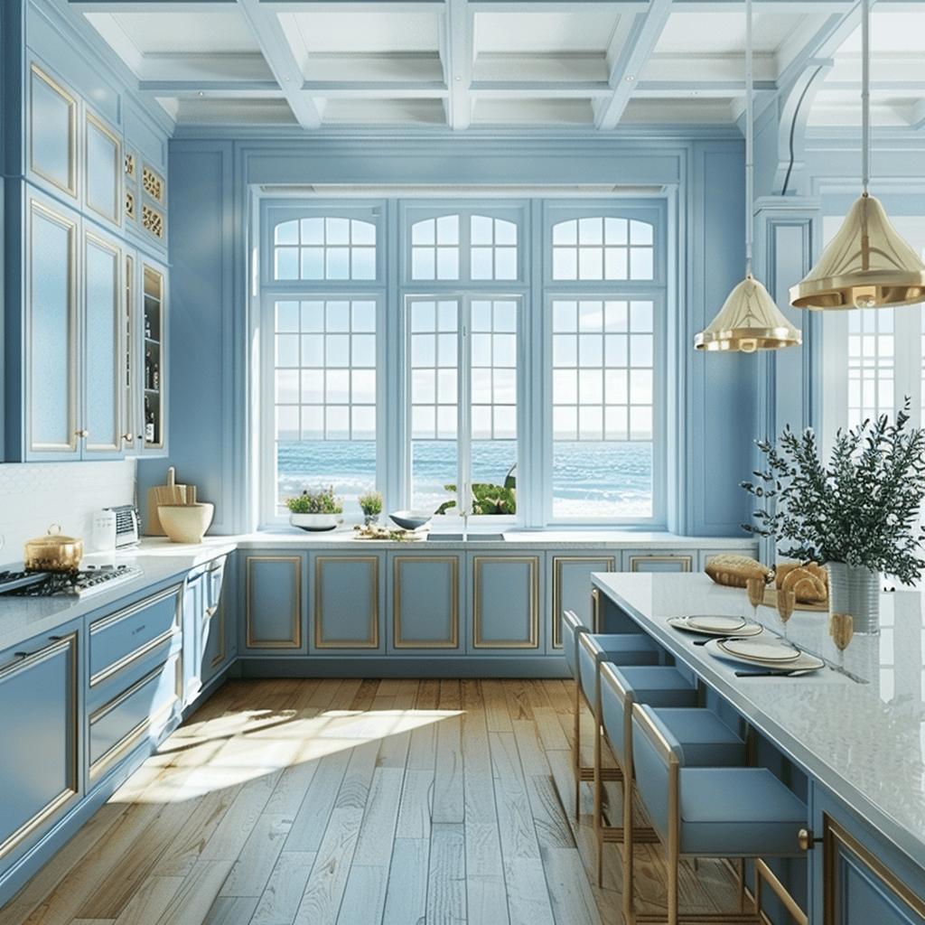 Coastal Kitchen Design Secrets/ A serene beach-inspired kitchen showcasing soft hues and natural light