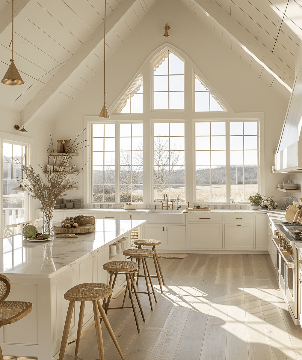 Coastal Kitchen Essentials/ Inviting kitchen space with essential coastal elements like wicker chairs and pendant lighting