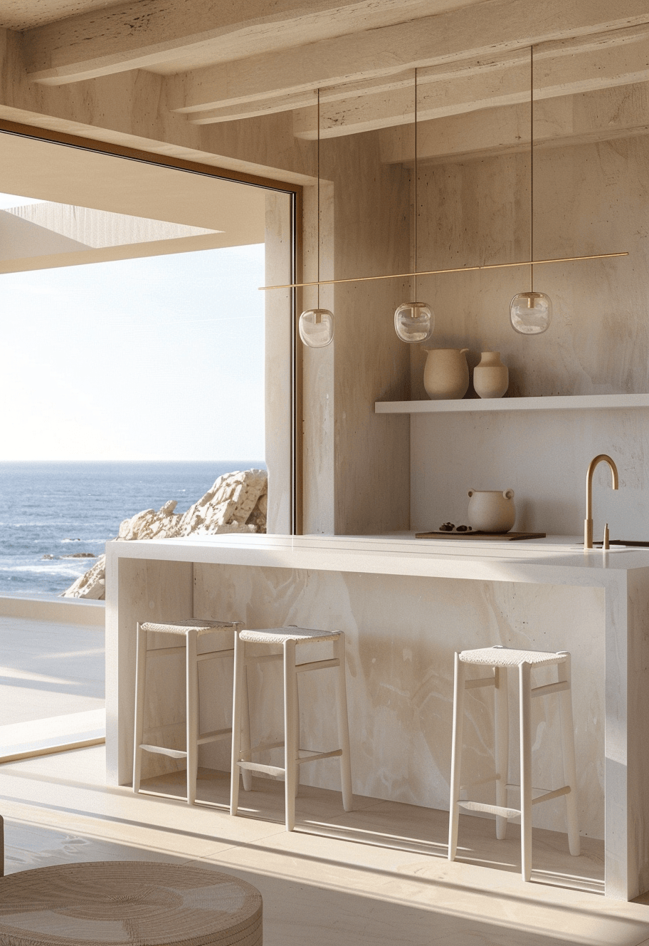 Coastal Kitchen Island Inspirations/ Central kitchen island with butcher block top and storage solutions