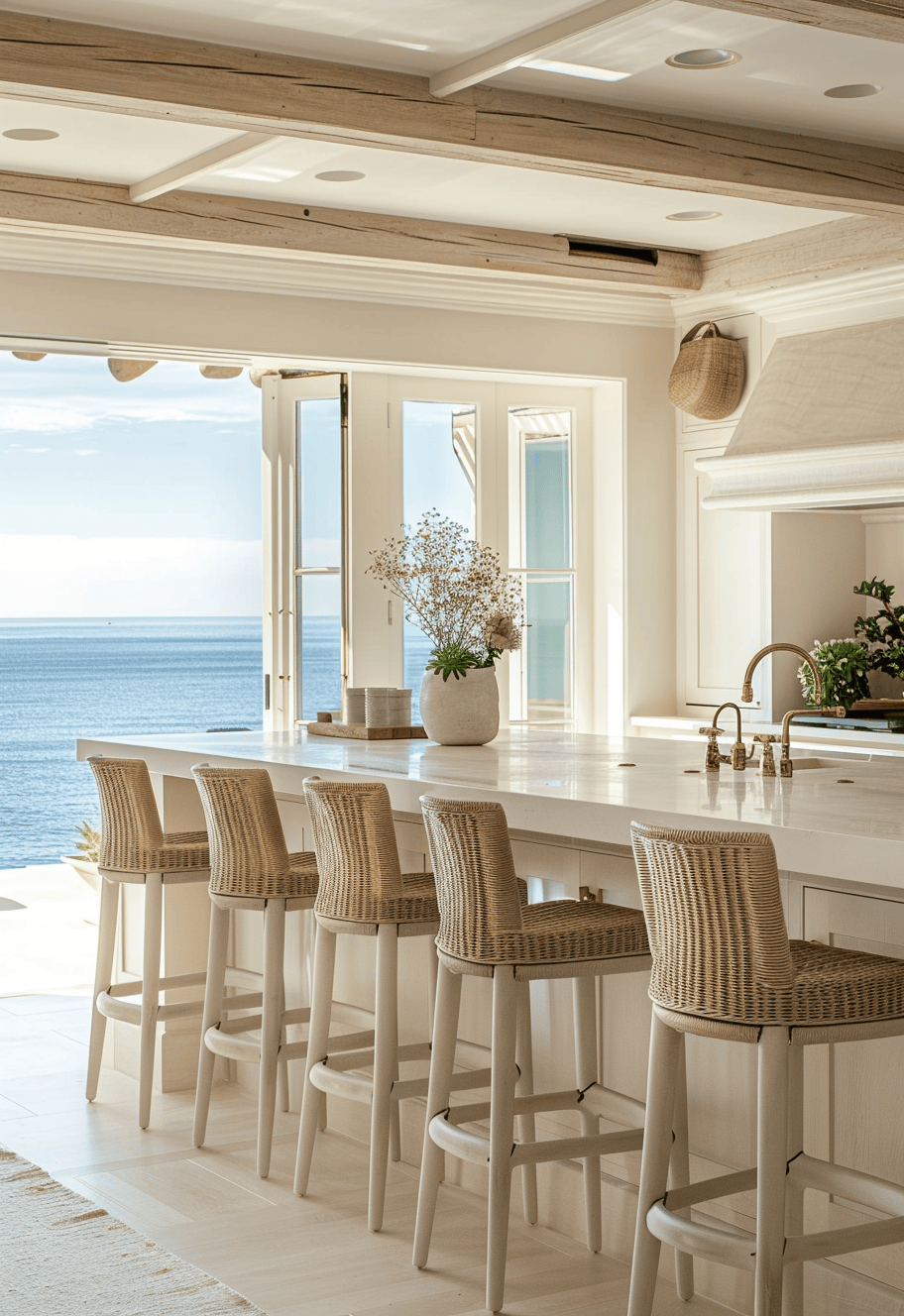 Coastal Kitchen Tables/ Rustic coastal dining area with a light wood table and rattan chairs