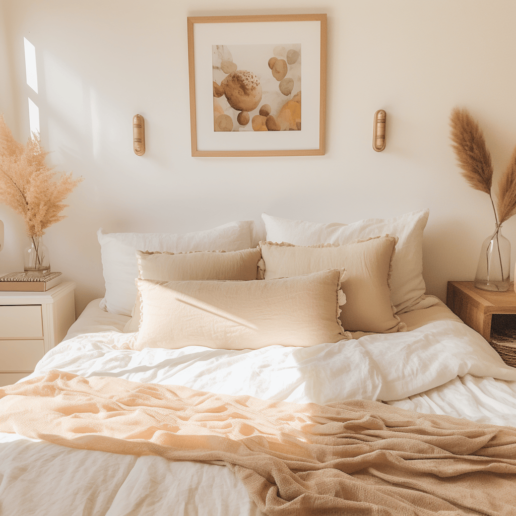 Coastal bedroom decor featuring driftwood headboard and nautical striped cushions