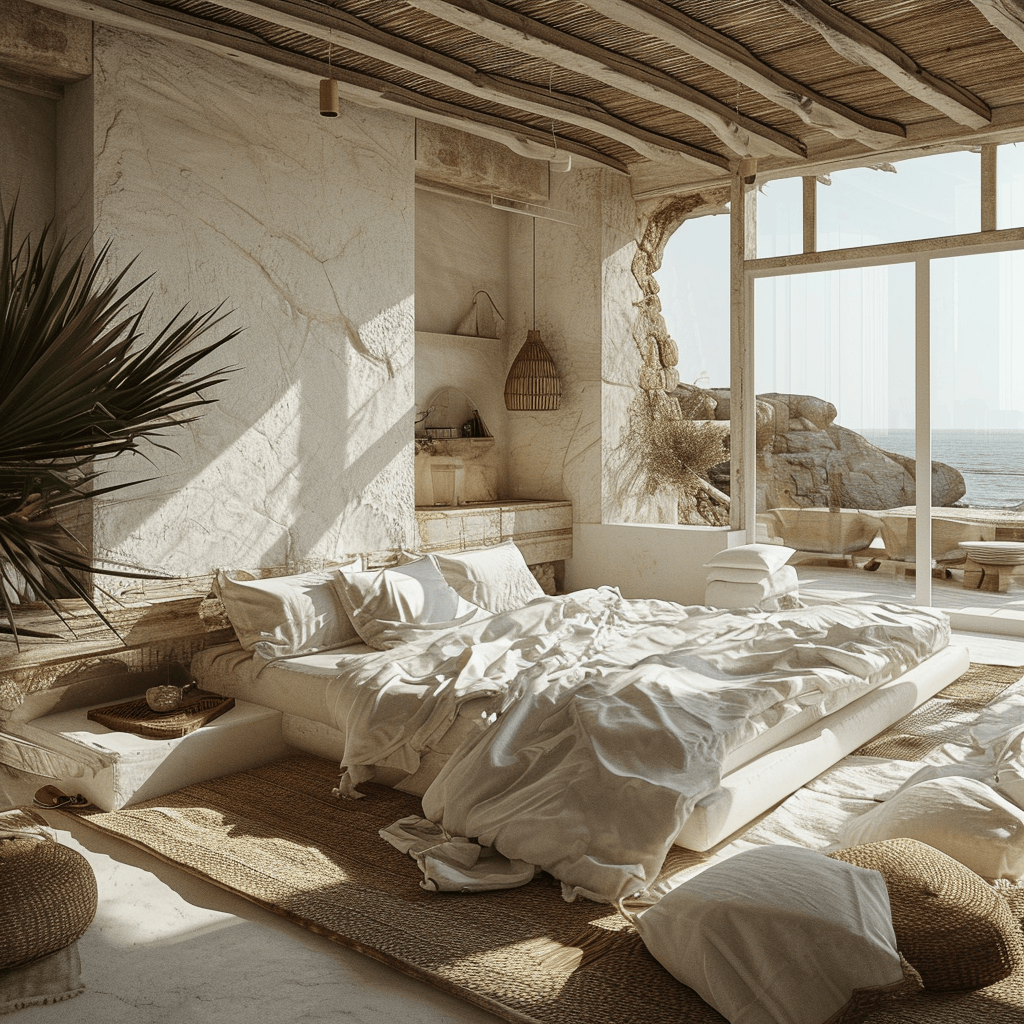 Coastal bedroom with a pop of color, featuring bright coral pillows and throws