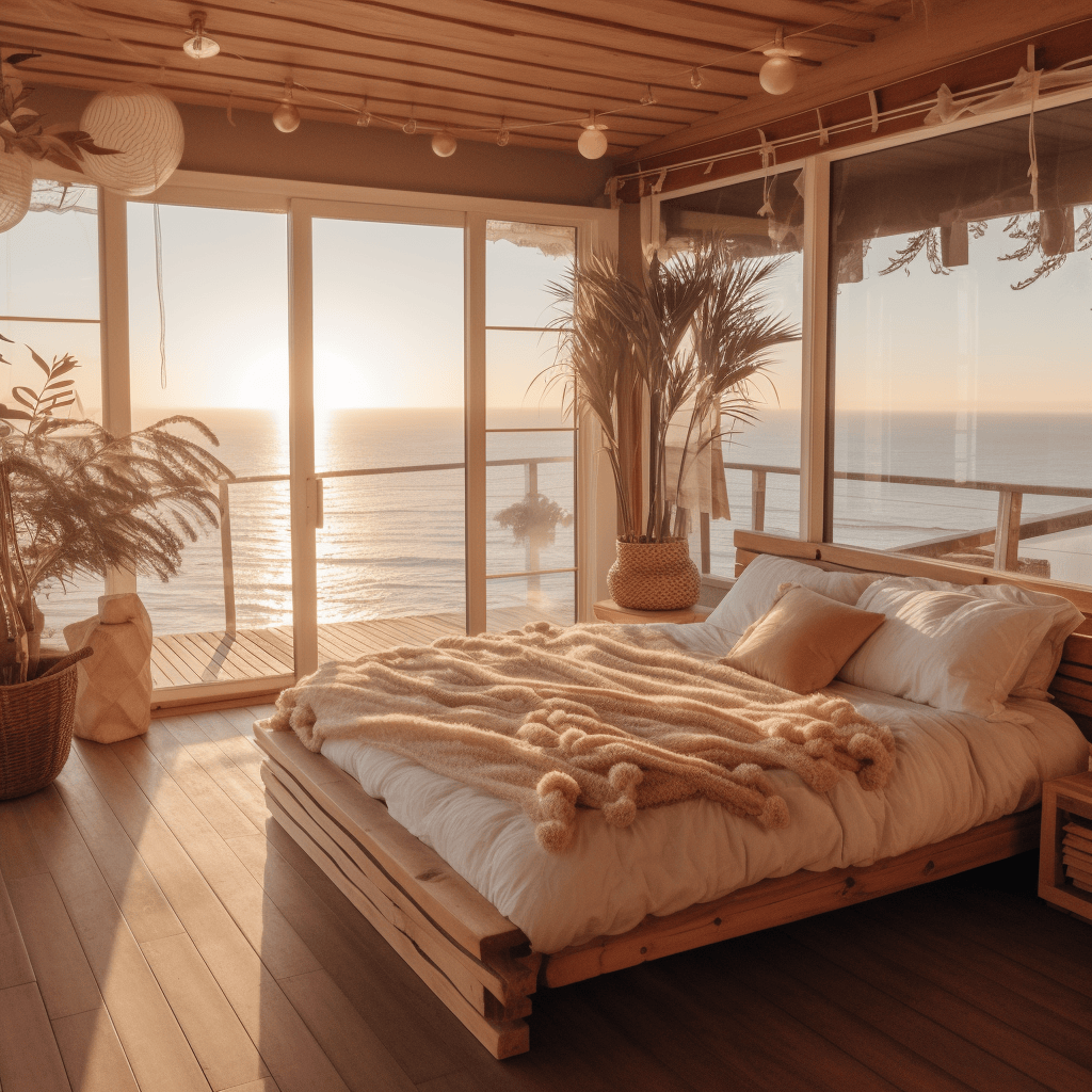 Coastal bedroom with vintage charm, featuring an antique trunk and sepia-toned maps