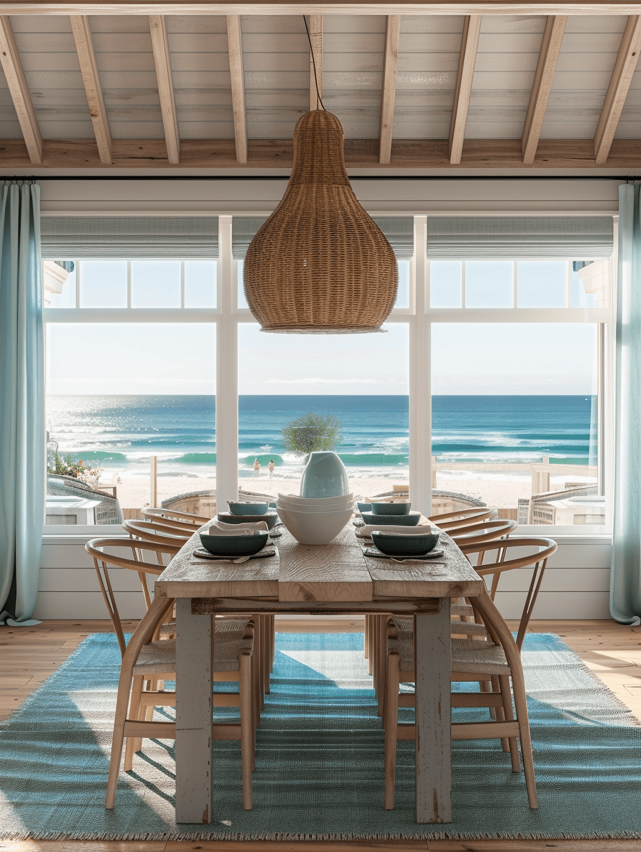 Coastal dining room interior design with a focus on light, space, and oceanic themes