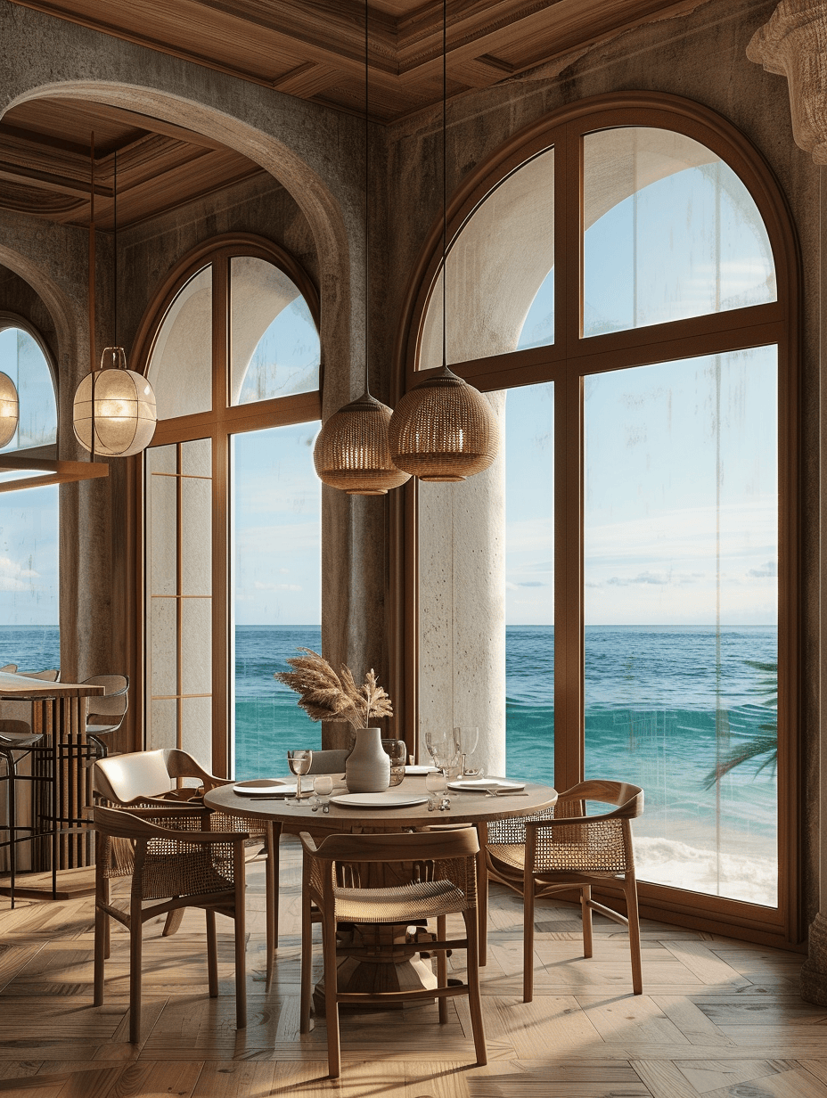 Coastal dining room light fixtures reminiscent of lighthouses and maritime signals