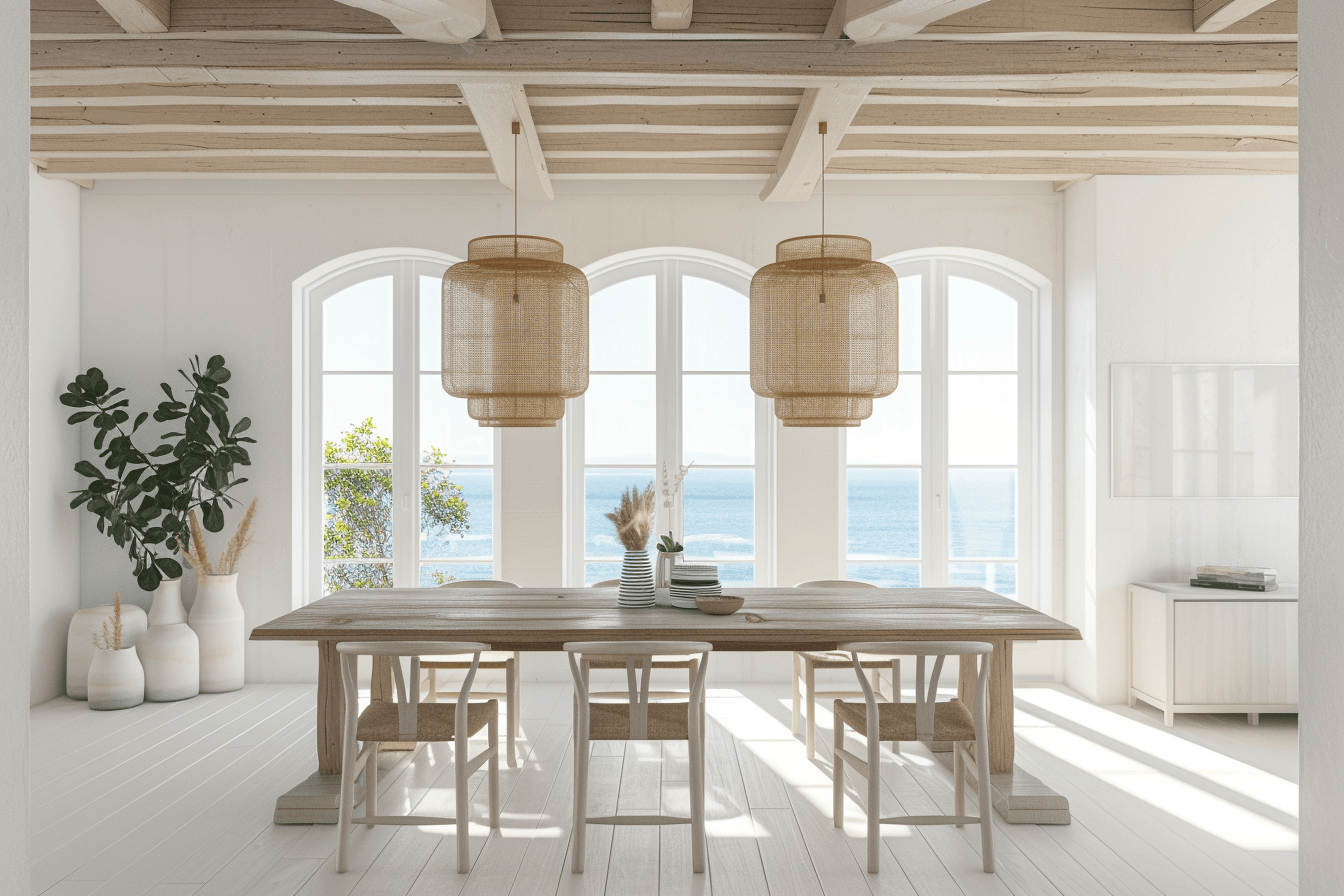 Coastal dining room table as the centerpiece in a beach-themed dining area