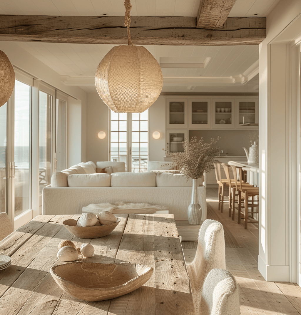 Coastal dining room window treatments enhancing the bright, beachy atmosphere