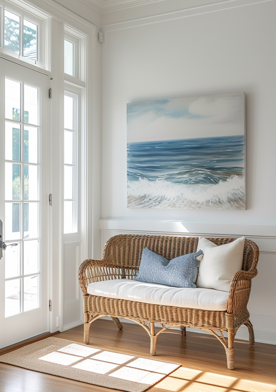 Coastal hallway ambiance enhanced by soft, warm lighting mimicking a sunset by the sea