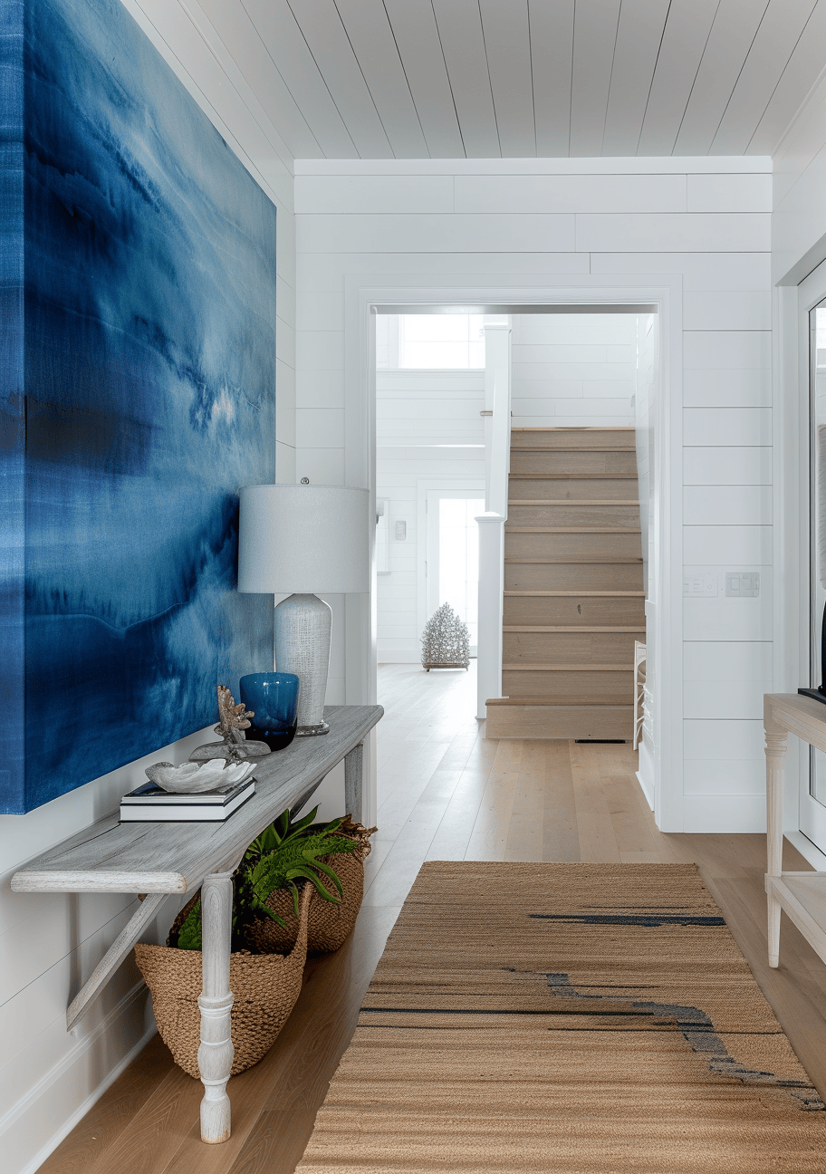 Coastal hallway connection with decor that brings the beauty of the beach indoors seamlessly