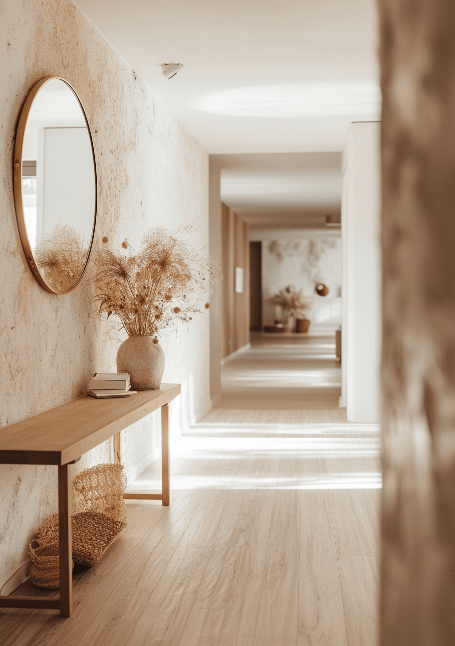 Coastal hallway decor with elegant driftwood pieces and ocean-themed artwork for a tranquil vibe