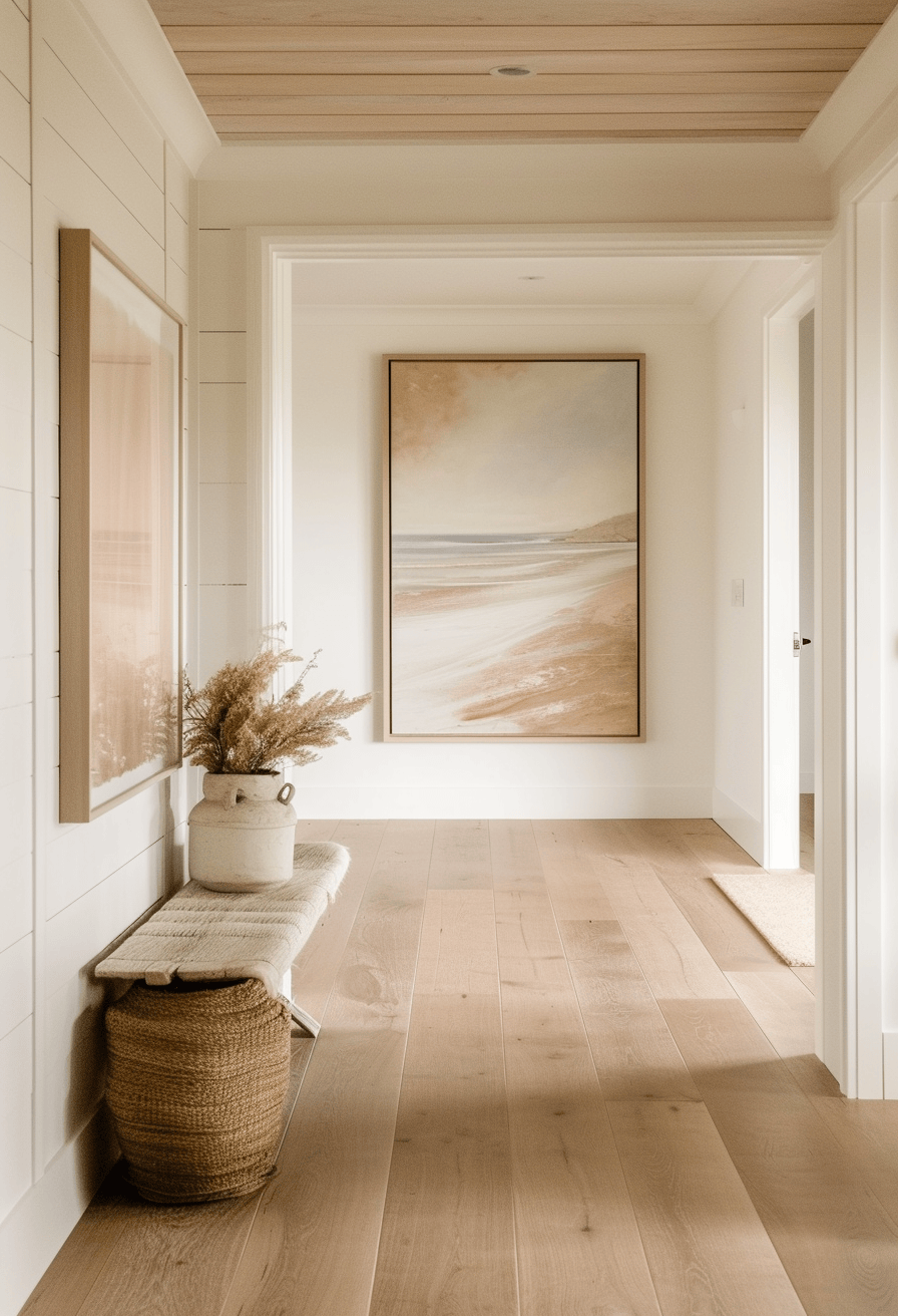 Coastal hallway decorated with serene beach-inspired elements and a light, airy color palette