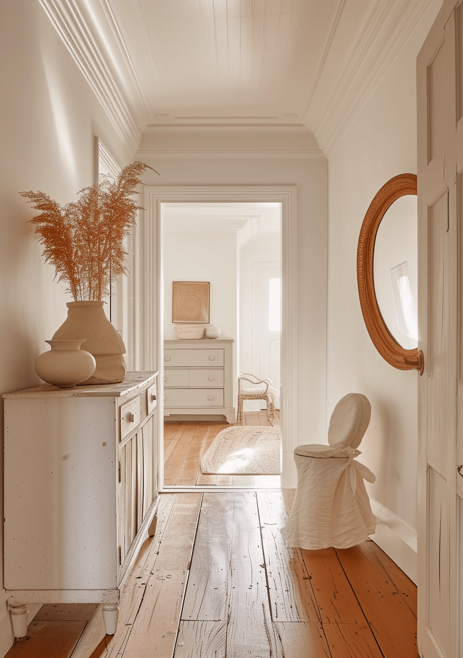 Coastal hallway essentials highlighting a breezy entryway rug and coastal-themed wall hangings