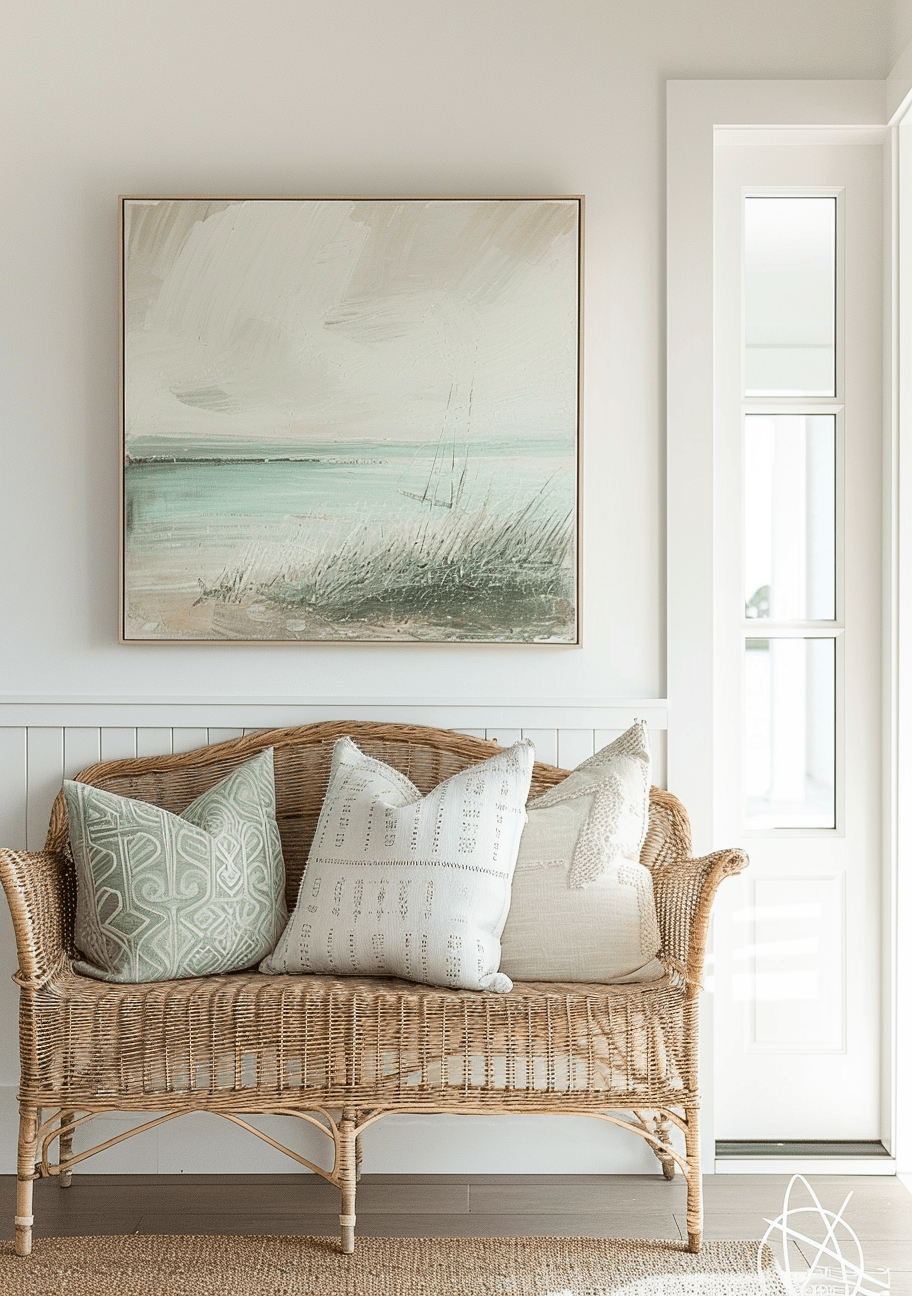 Coastal hallway innovations with unique beach-inspired entryway tables and coastal art