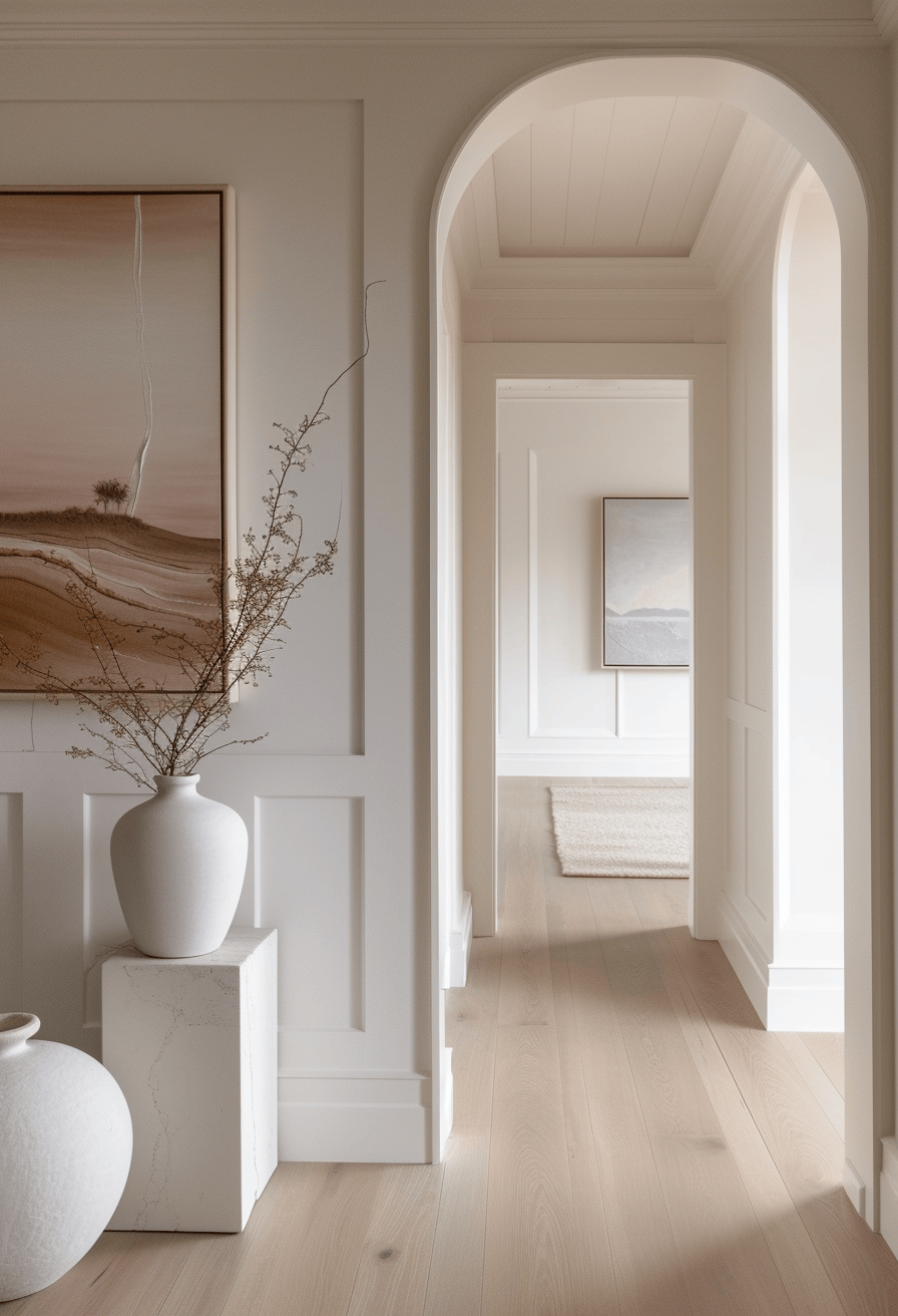 Coastal hallway makeover featuring sandy tones and subtle nautical decor to welcome you home