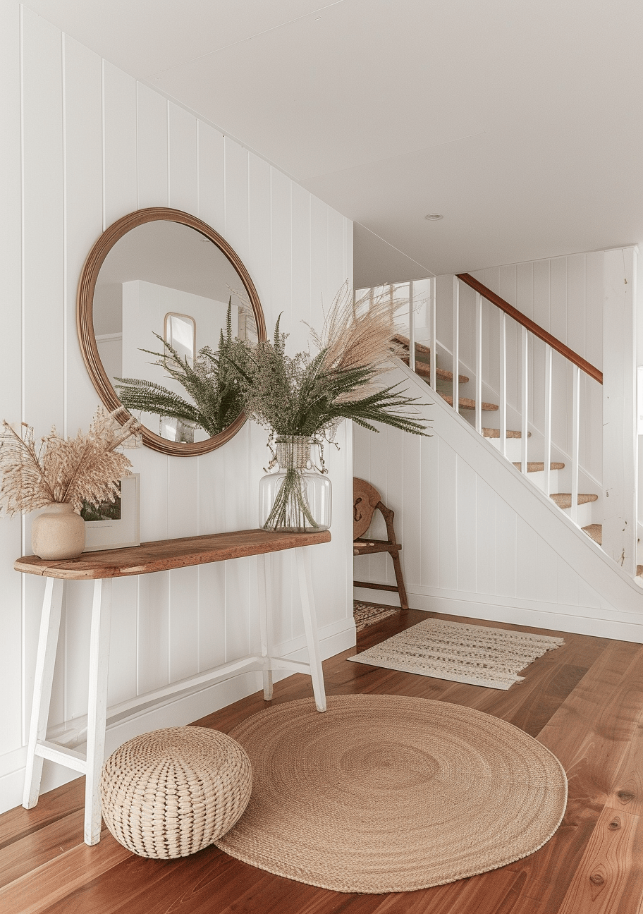 Coastal hallway oasis with calming coastal decor and a soft, welcoming rug