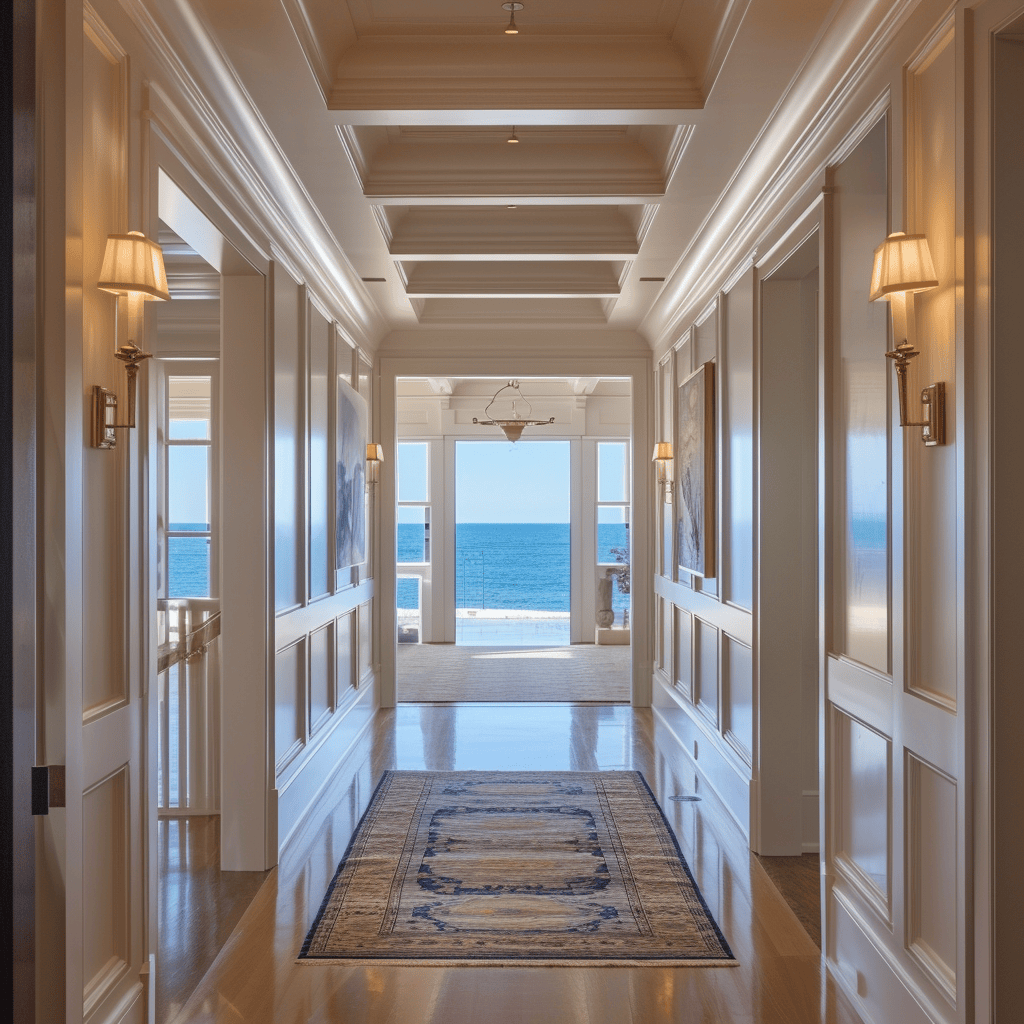 Coastal hallway perspective offering innovative beach decor ideas for a unique entryway