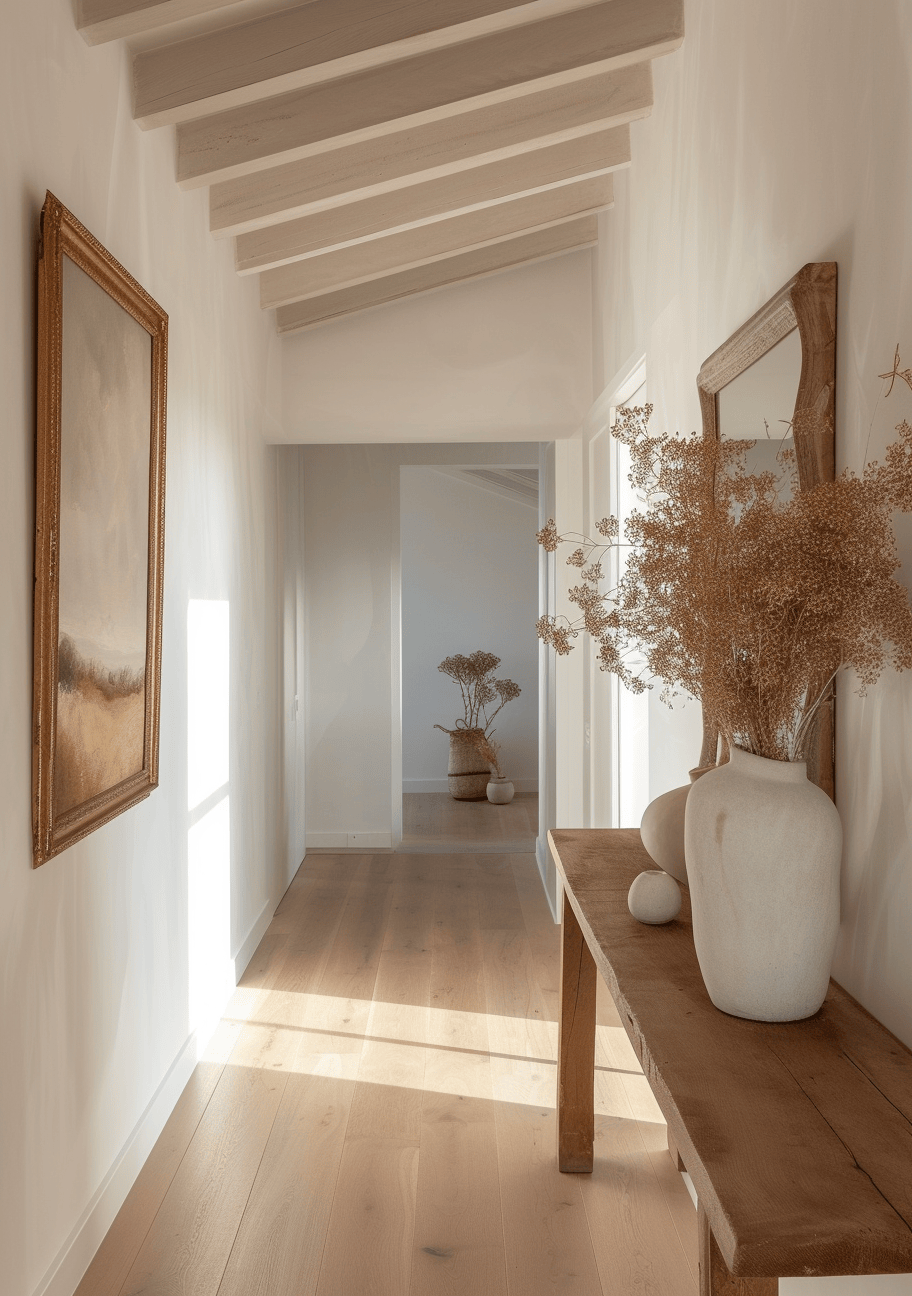 Coastal hallway styling that combines rustic textures with soft blues for a calming retreat