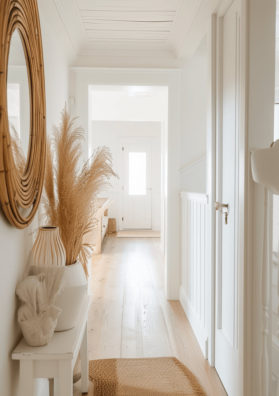 Coastal hallway trends with modern, beachy furnishings and minimalist coastal decor