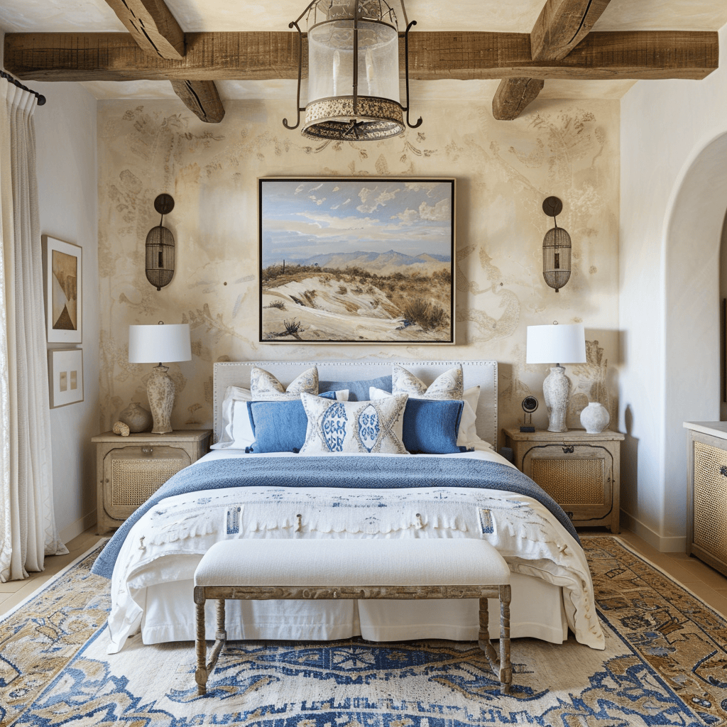 Cohesive Mediterranean bedroom design incorporating a harmonious mix of colors, textures, and patterns for a visually stunning space