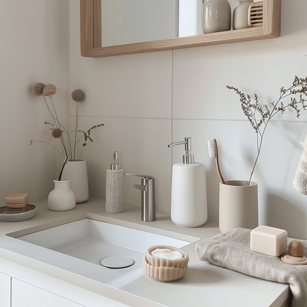 Cohesive Scandinavian bathroom vanity featuring a minimalist white ceramic soap dispenser and a coordinating toothbrush holder