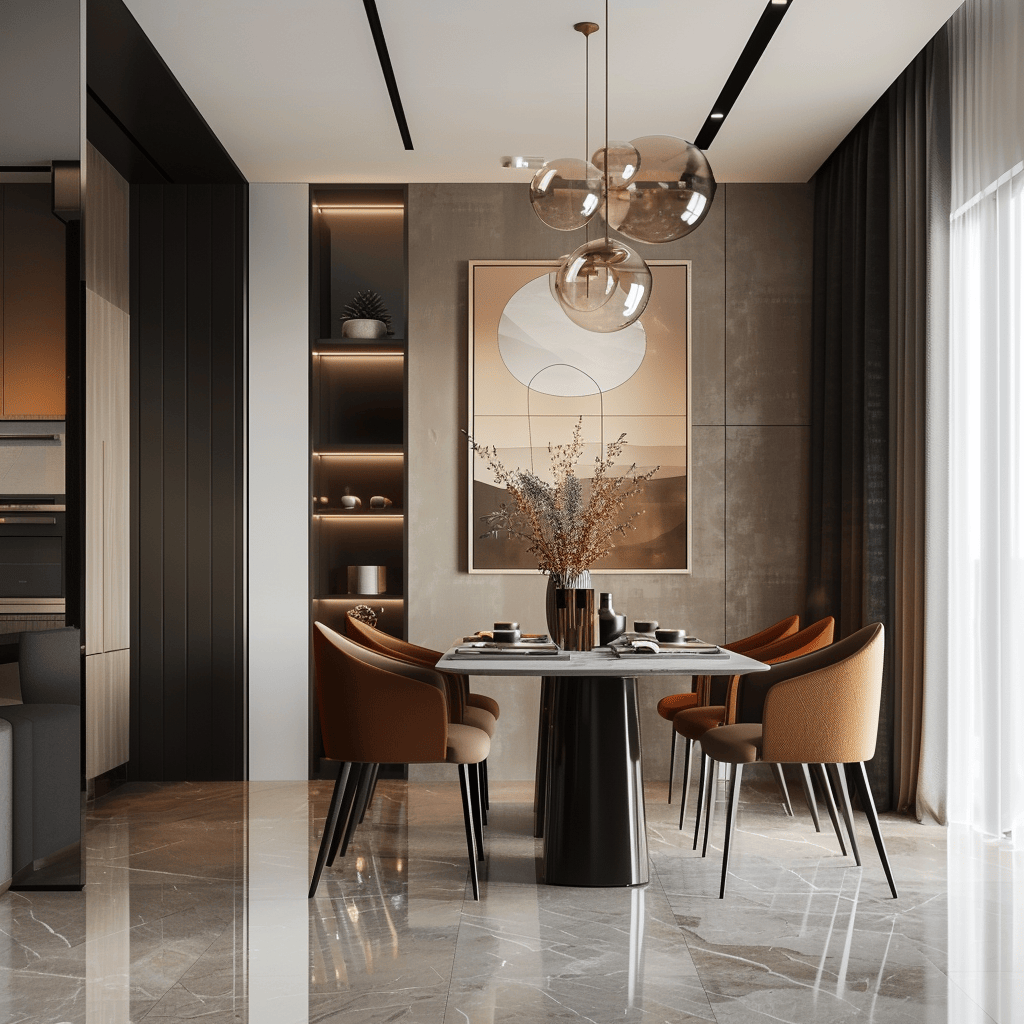 Cohesive elements, a consistent theme, and personal taste work together to establish a deliberate style in this modern dining room