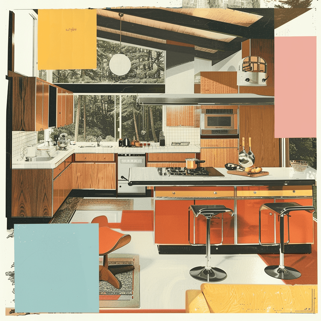 Collage of iconic mid-century modern kitchen designs by Eames, Nelson, and Knoll, showcasing innovative materials and colors