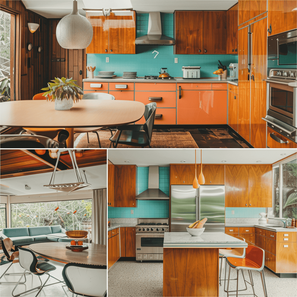 Collage showcasing the timeless style and enduring appeal of mid-century modern kitchen design with clean lines and bold colors2