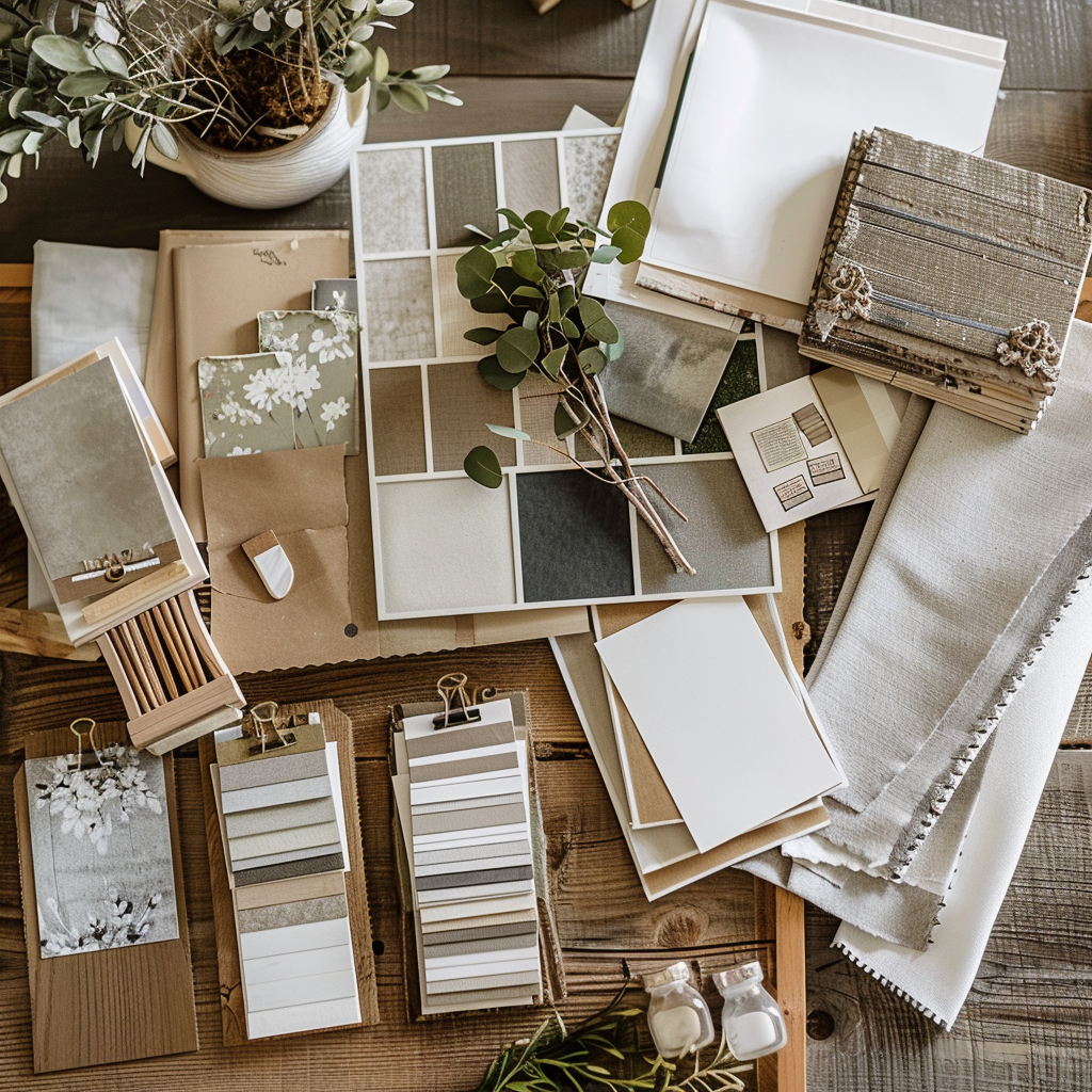 Collection of modern farmhouse paint swatches and decor items laid out for a project implementation plan